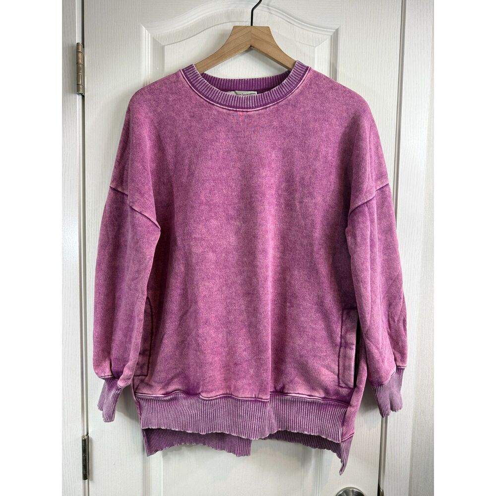 Zenana Women's S Purple Acid Wash Hi-Low Fleece Pullover Sweatshirt Pockets